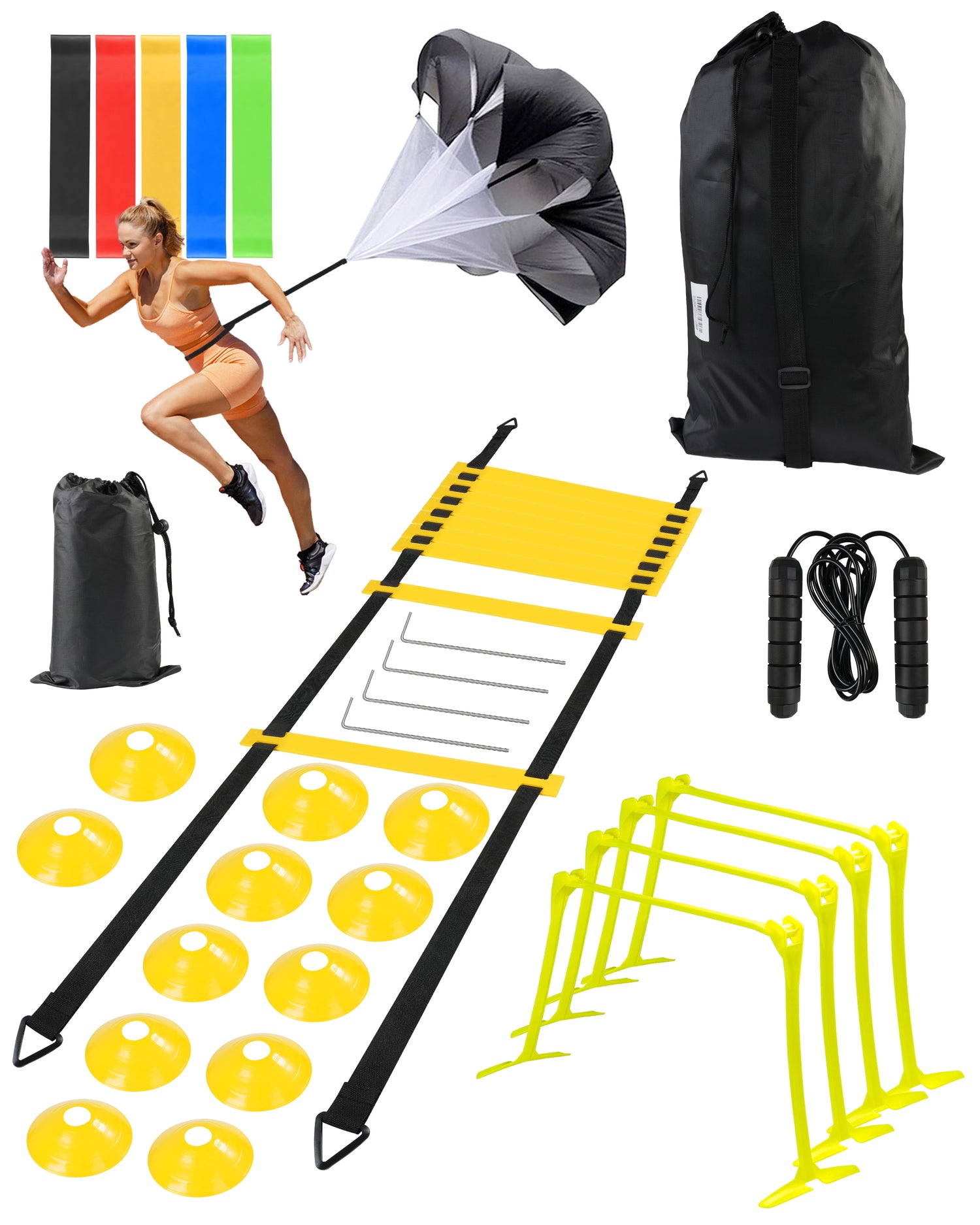 Speed and Agility Training Set - Comprehensive Agility Equipment for Youth Athletes, Including 20Ft Agility Ladders, Cones, Hurdles, Resistance Parachute, and Jump Rope