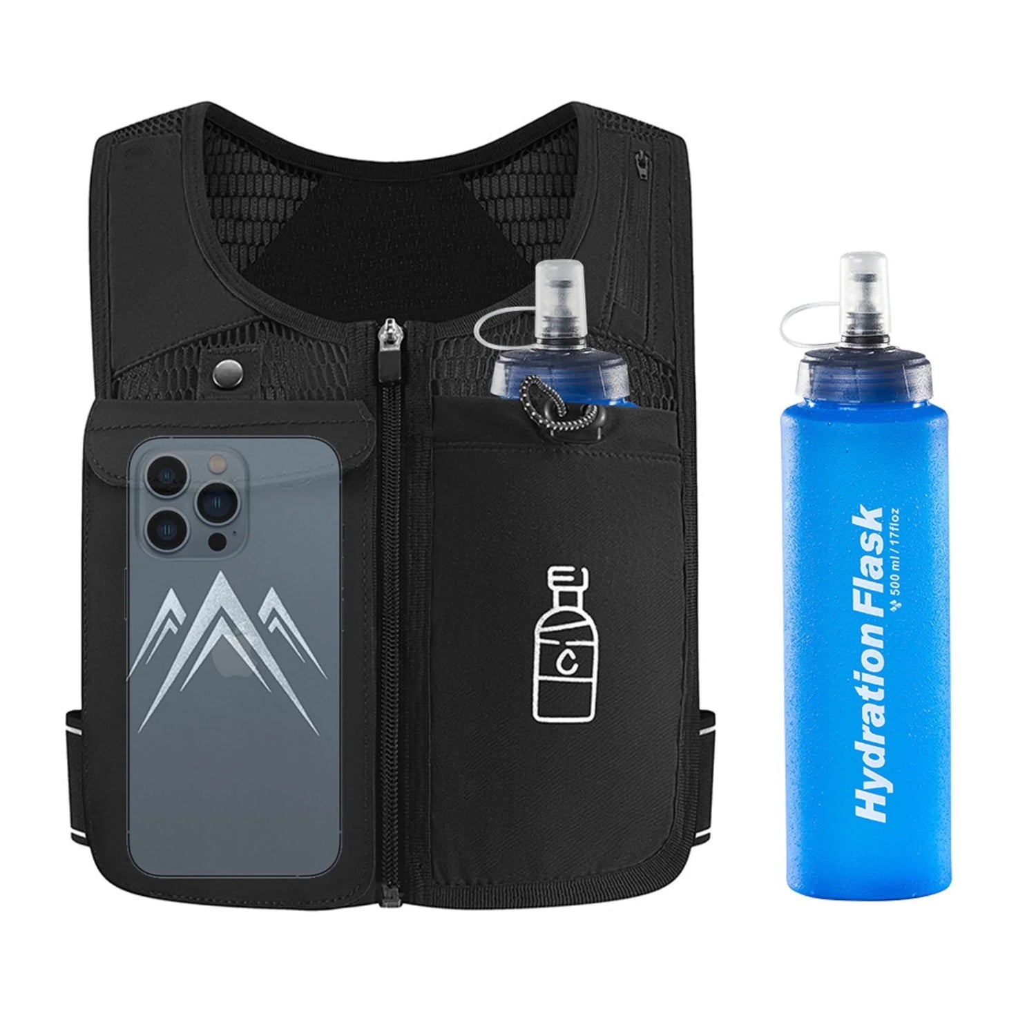 Reflective Running Vest with 500ml Hydration Bottle, Adjustable Waistband, Breathable Fabric, and Chest Pack for Phone Holder - Suitable for Men and Women
